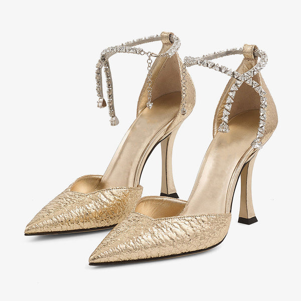 Metallic Pointed-Toe Heels with Crystal Anklet