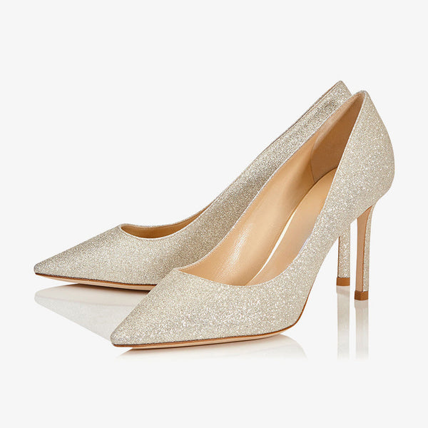 Platinum Glitter Pointed-Toe Heels