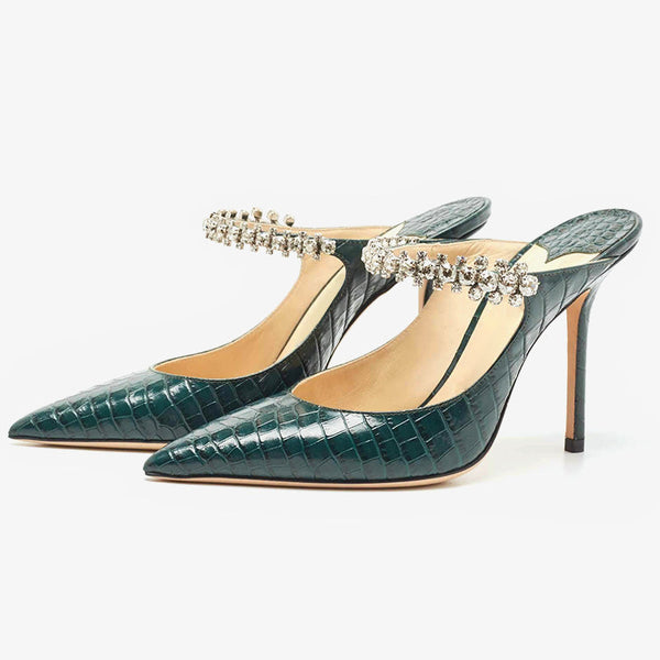 Dark Green Croc-Embossed Leather Mules