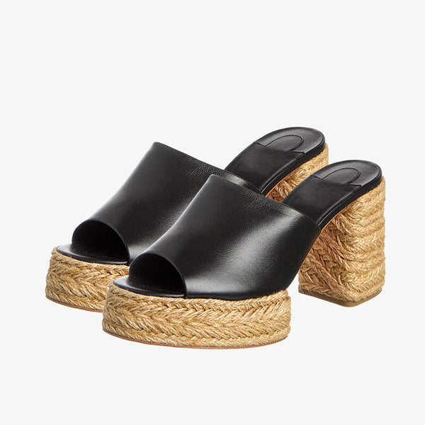Black Leather Espadrille Mule
