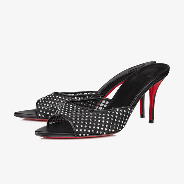Black Mesh Sandals with Rhinestone Detail