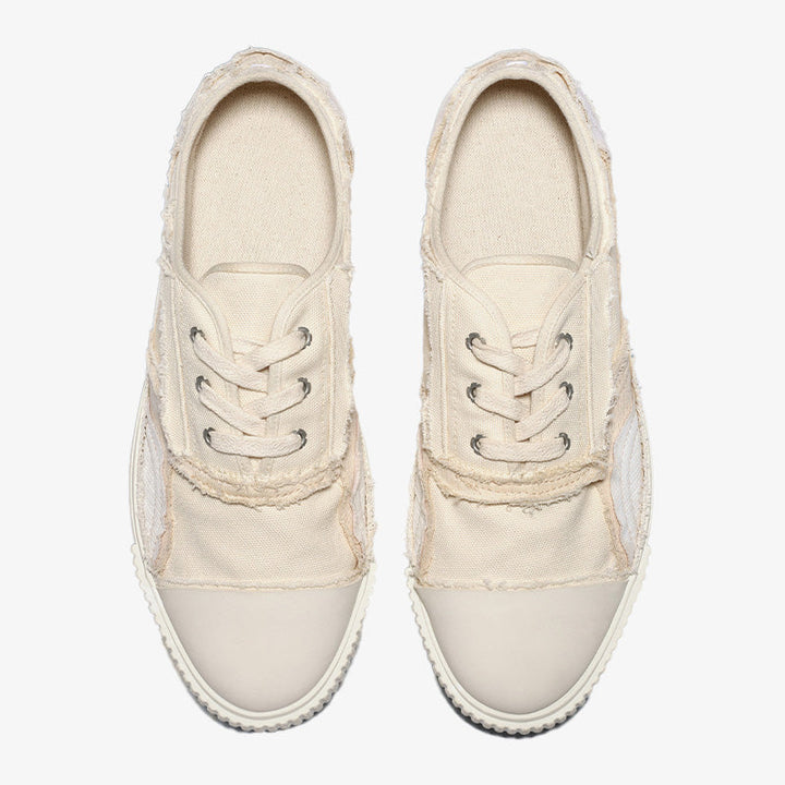 Off White Cotton Canvas Lace-Up Sneakers - Arno Conti Shoe