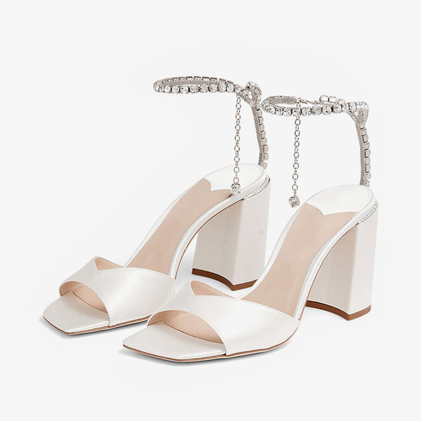 White Satin Block Heel Sandals