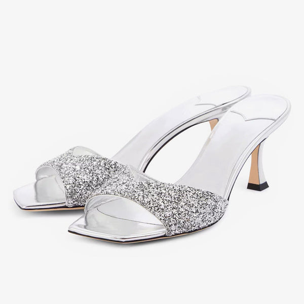 Silver Glitter Leather Mules