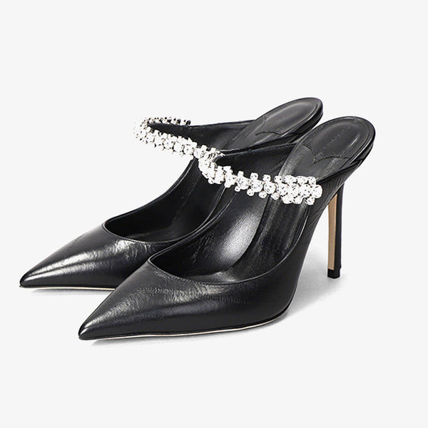 Black Leather Pointed-Toe Mule