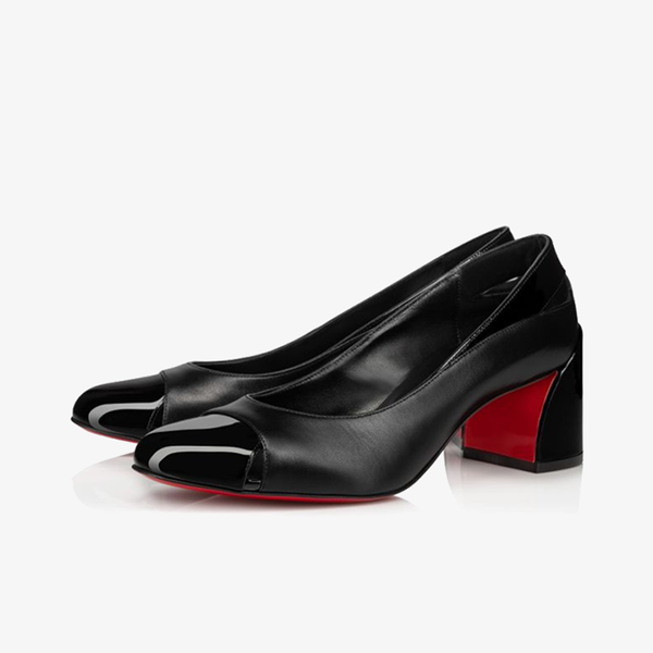 Black Leather Pump with Patent Leather Round Toe