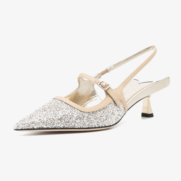 Sand Beige Glitter Cut-Out Slingback Pumps