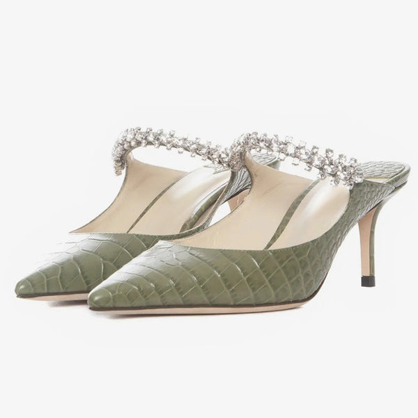 Green Croc-Embossed Leather High Heels