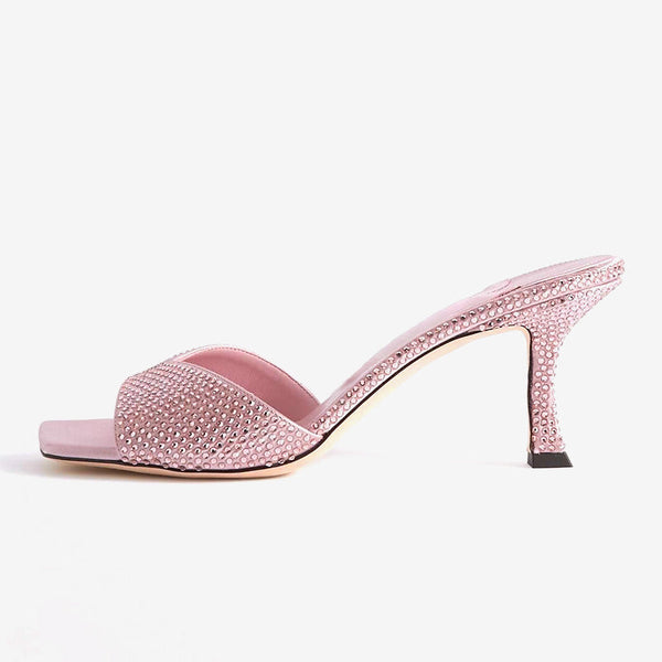 Pink Crystal-Embellished Satin Mules