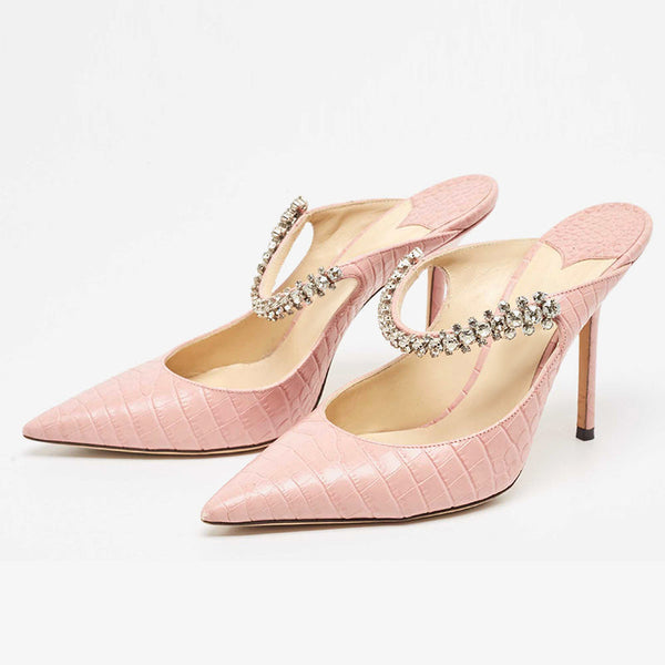 Pink Croc-Embossed Leather Mules