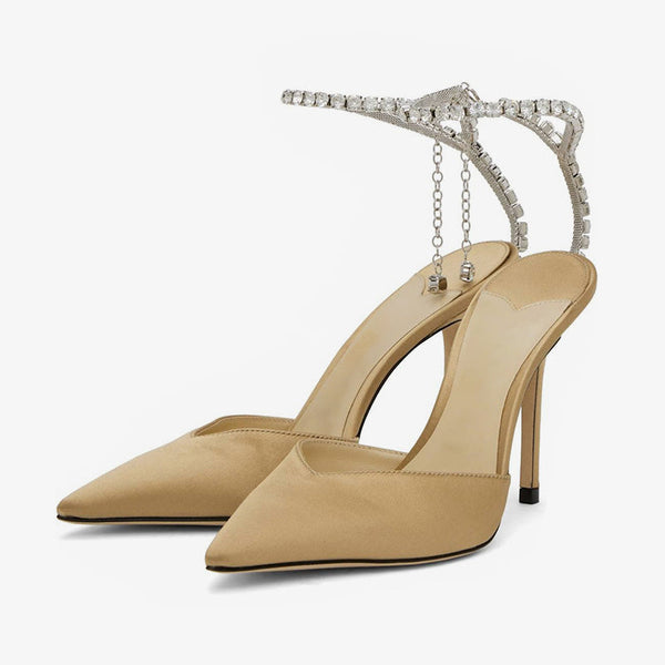 Brown Satin Crystal-Embellished Heels