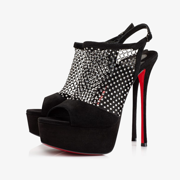Black Velvet Pump Sandal with Fishnet Upper