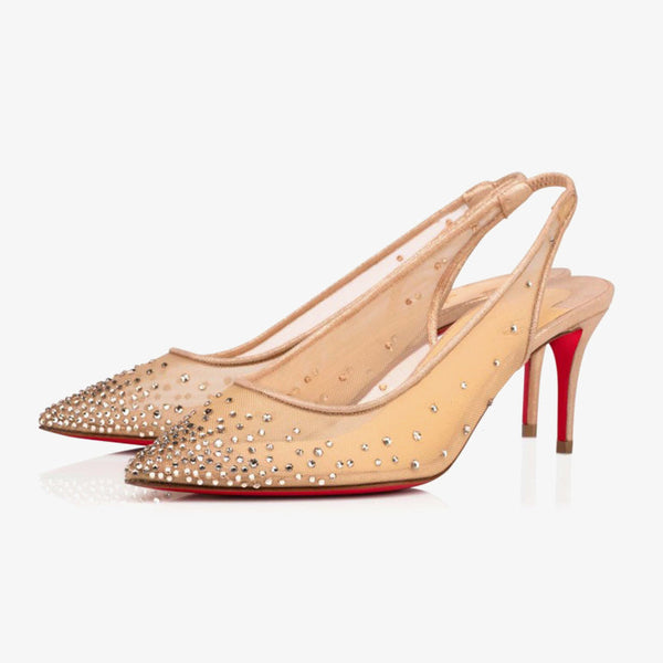 Beige Mesh Pumps with Iridescent Rhinestones