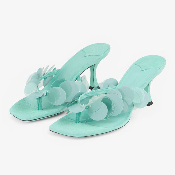 Teal Sequin-Embellished Suede Mule Sandals