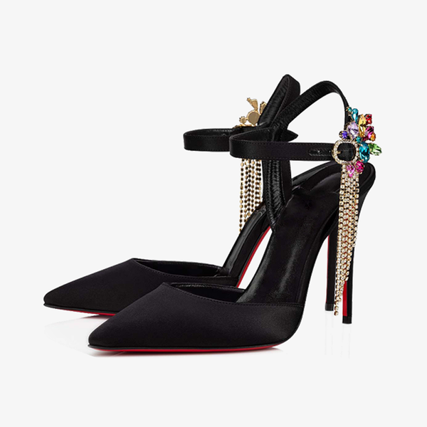 Black Satin Crepe Pumps with Silver Rhinestones - ARNO CONTI