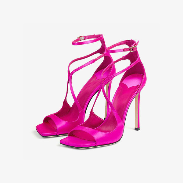 Red Satin Sandals with Slim Heel