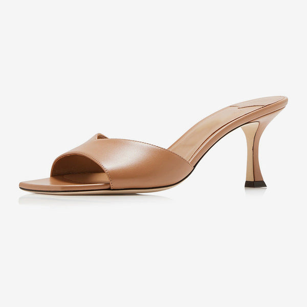 Brown Tapered-Heel Calf Leather Mules