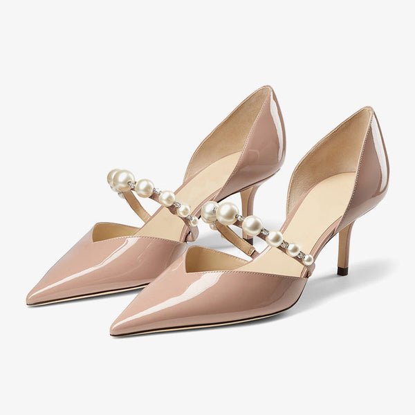 Nude Patent Leather Pumps with Pearl Strap