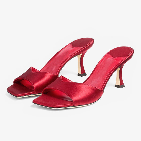 Red Curved-Heel Satin Sandals