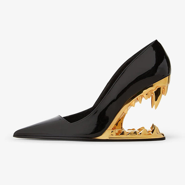 Black Sculpted Gold Heel Pumps