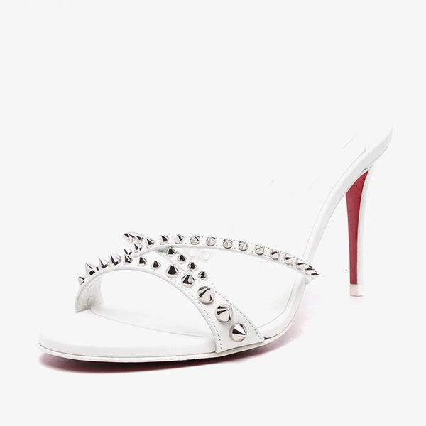 White Leather Sandal with Silver-Tone Studs