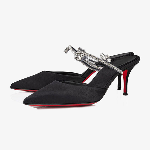 Black Satin Pumps with Crystal Embellishments