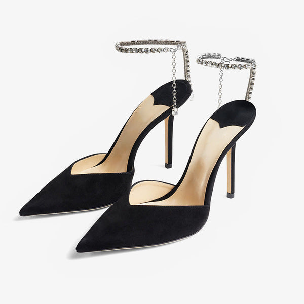 Black Suede Pumps with Crystal Embellishment