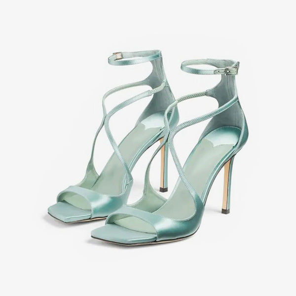 Green Satin Sandals with Curved Straps