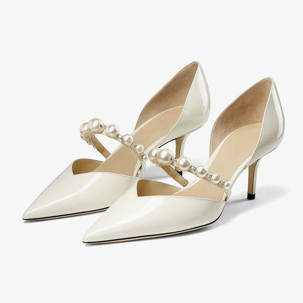 Latte Patent Leather Pearl Strap Pumps