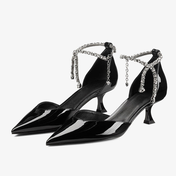 Black Patent Leather Pumps with Crystal Anklet