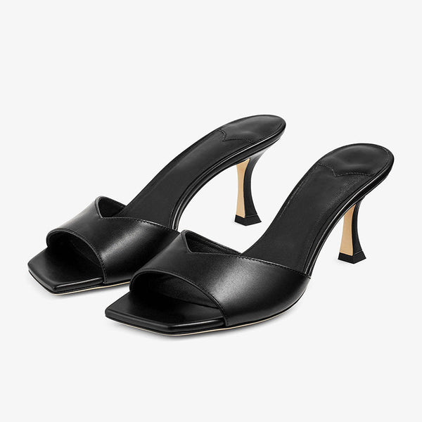 Black Curved-Heel Leather Sandals