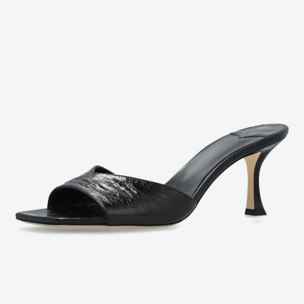 Black Crinkled Leather Crossover Mules