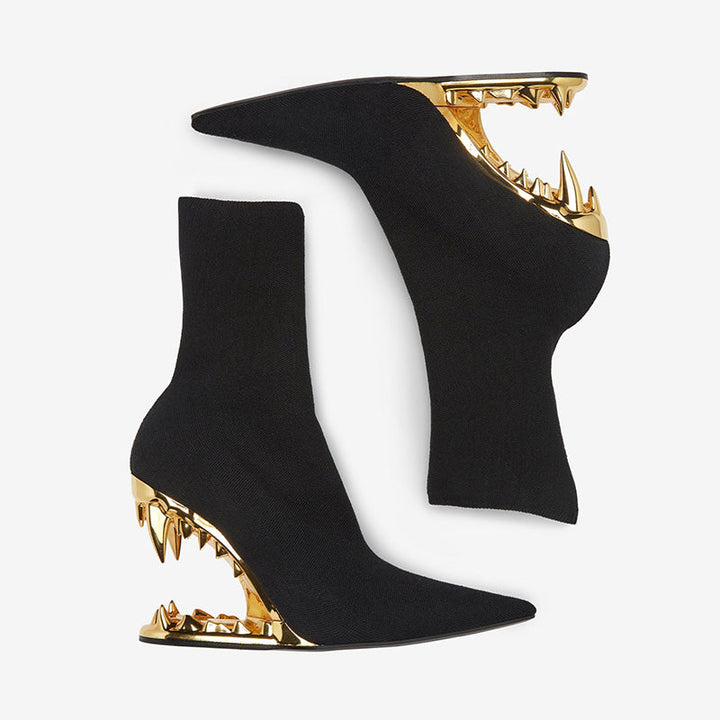 Gold Sculpted Heel Ribbed Sock Boots - Arno Conti Shoe