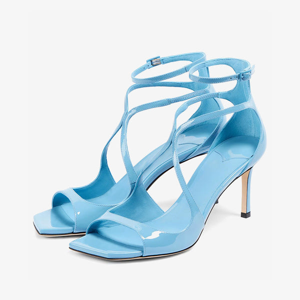 Blue Leather Pumps with Ankle Strap
