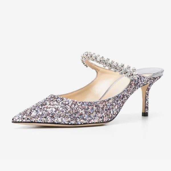 Multicolor Silver Glitter Crystal Mules