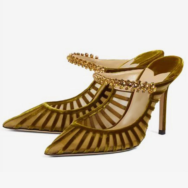 Embellished Velvet and Mesh Pointed-Toe Mules