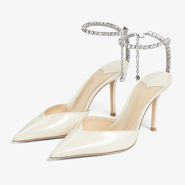 White Leather Crystal-Embellished Pumps