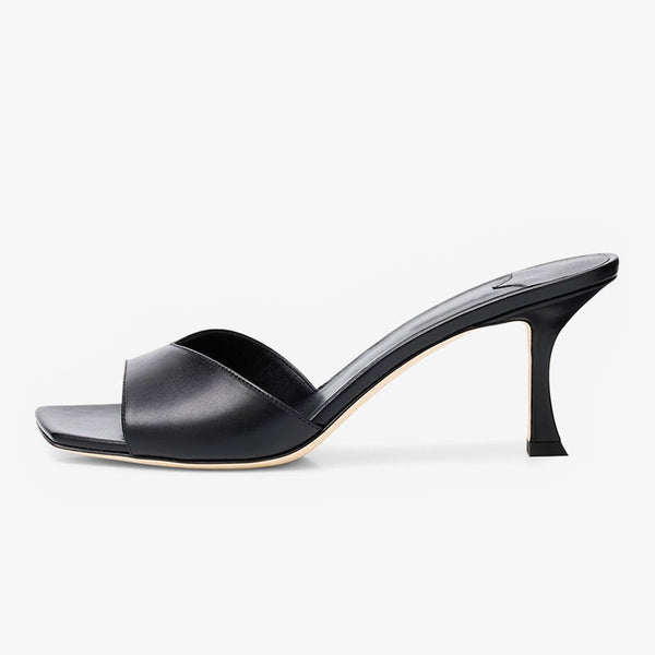 Black Curved-Heel Leather Sandals