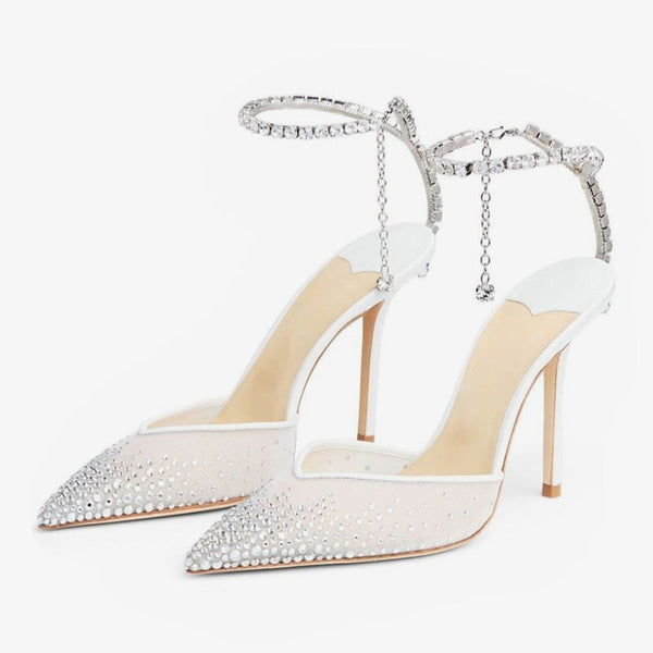 White Crystal-Embellished elegant Pumps