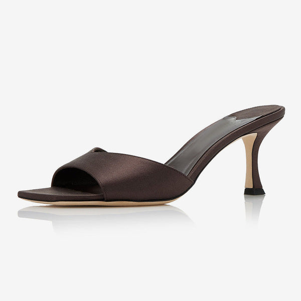 Brown Satin Curved-Heel Mules