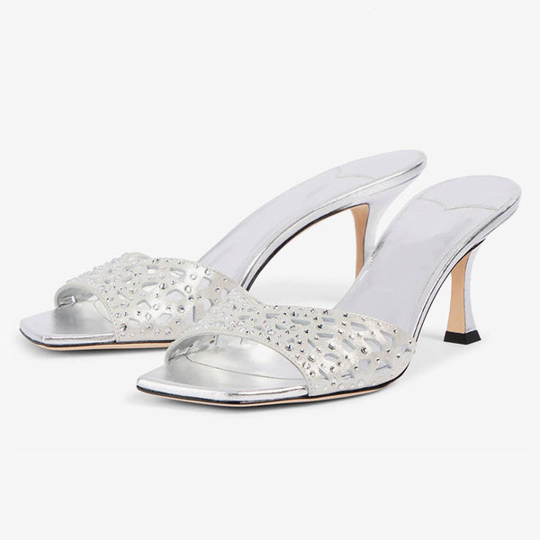 Silver Geometric-Perforated Satin Mules