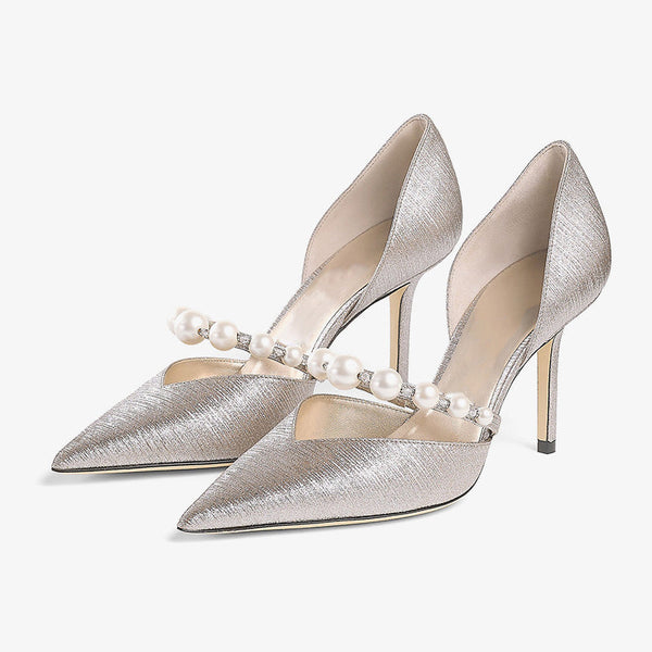 Glitter Fabric Pearl and Crystal Strap Pumps