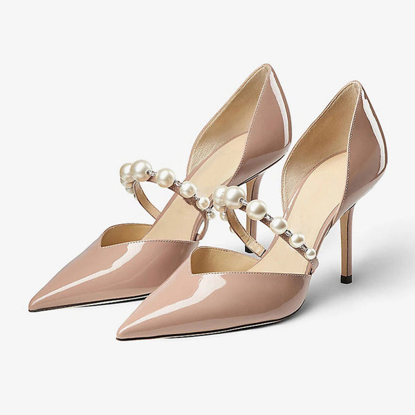 Nude Embellished Patent Leather Pumps