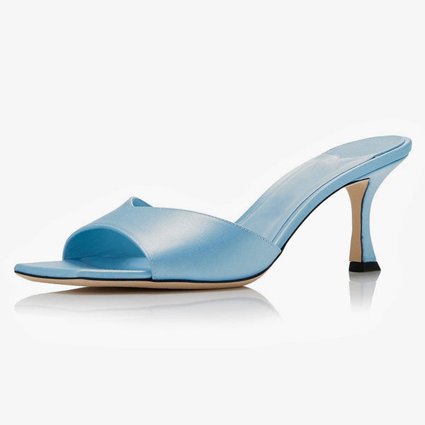 Blue Satin Heeled Mules