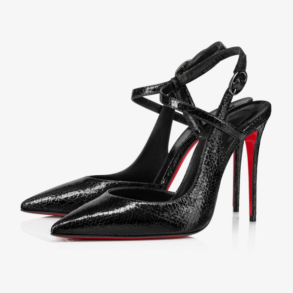 Black Leather Pointed-Toe Heels with Gunmetal Buckle