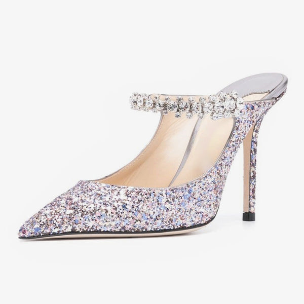 Multicolor Silver Glitter Crystal Mules 100mm