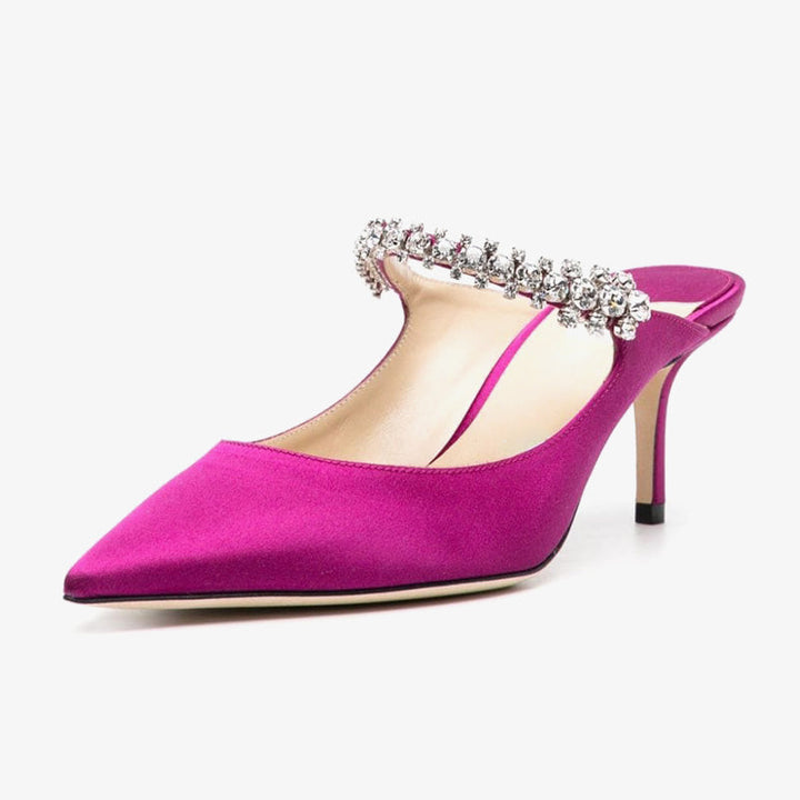 Purple Satin Crystal-Embellished Strap Mules - Arno Conti Shoe