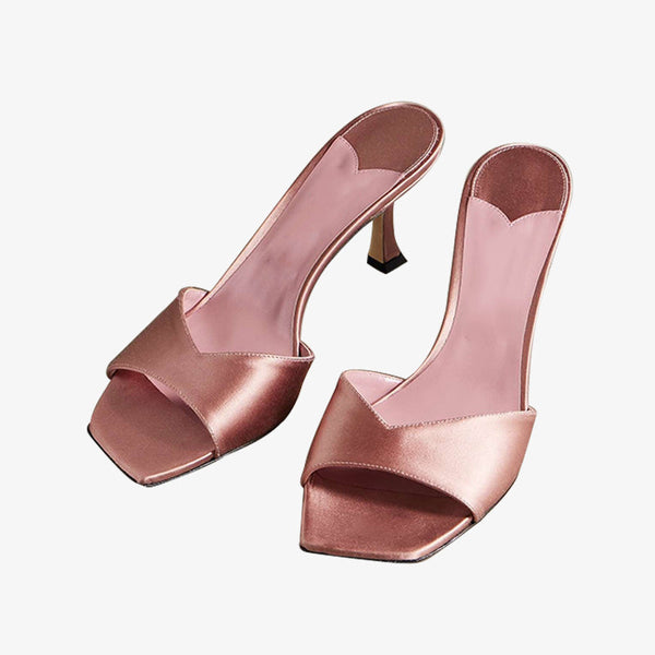Pink Satin V-Shaped Mules