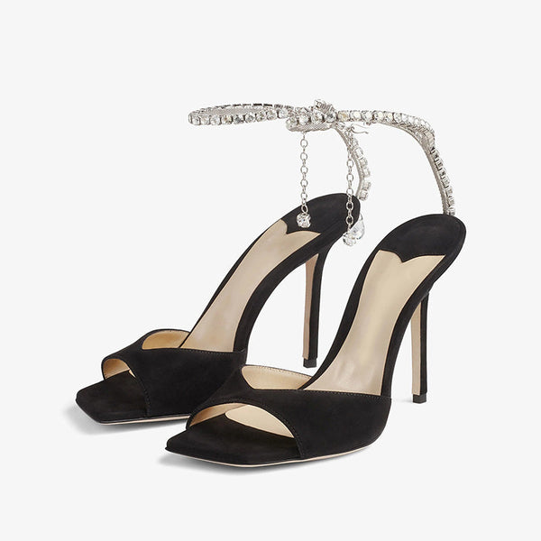 Black suede stiletto evening sandals
