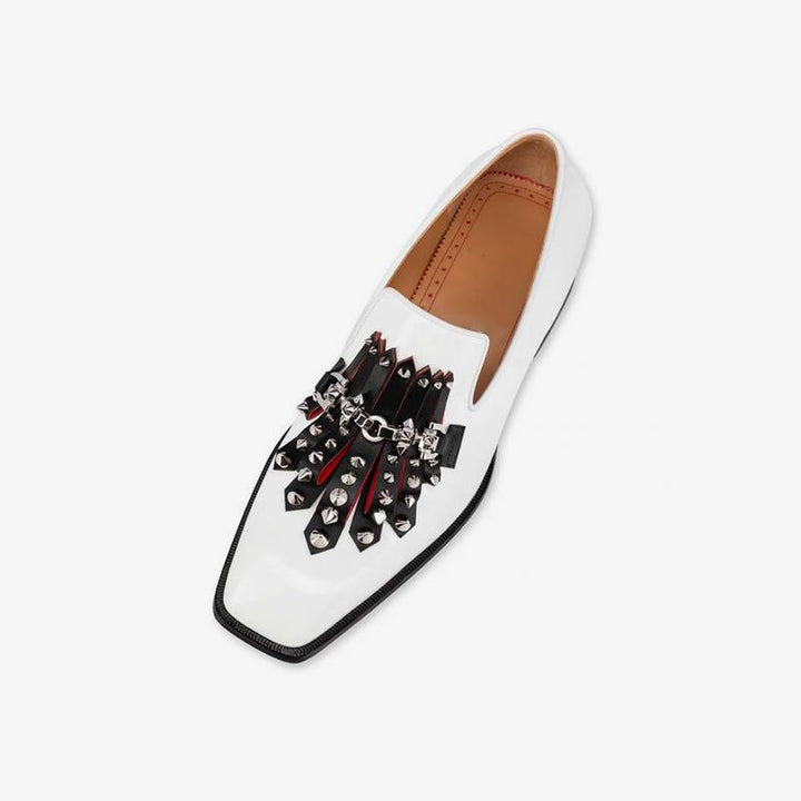 White Leather Loafers Rivets Square Toe Heels - ARNO CONTI